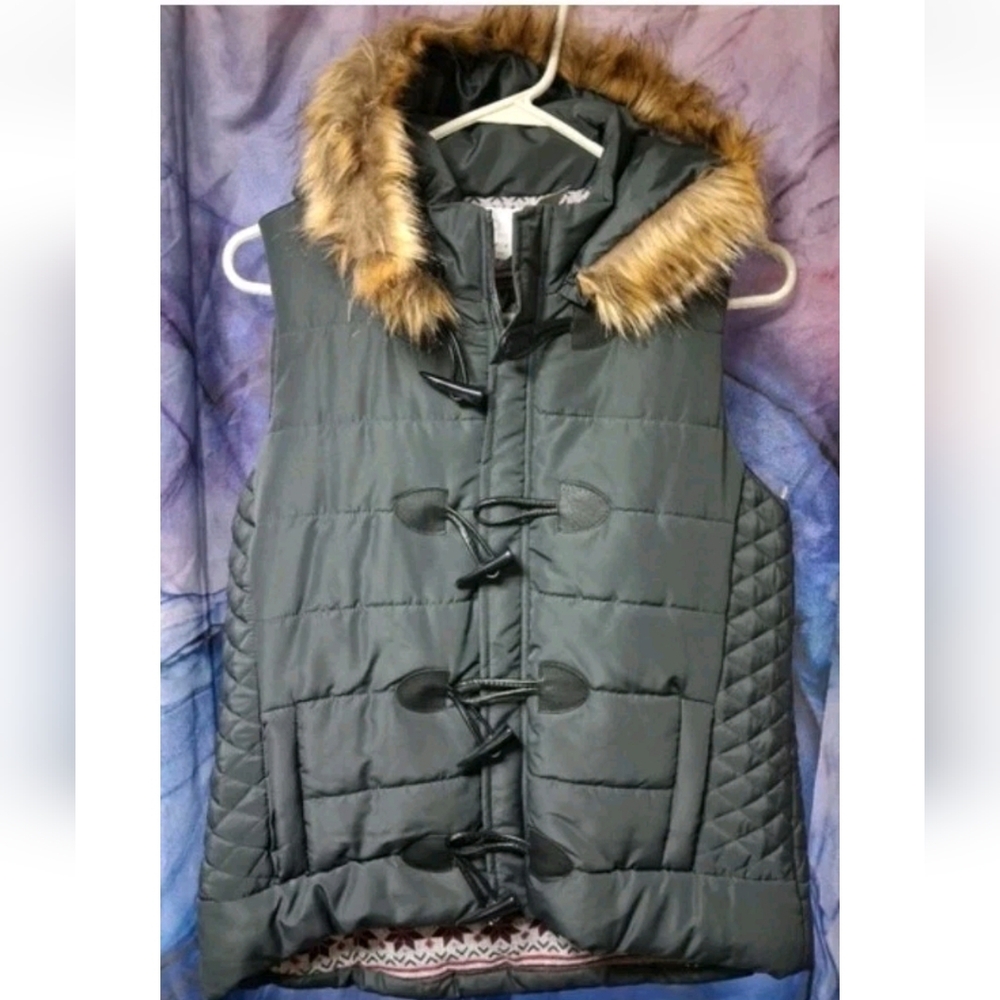 Vanity Charcoal Gray Puffer Coat Ski Jacket Vest Faux Fur Hood Fleece Lined NWT